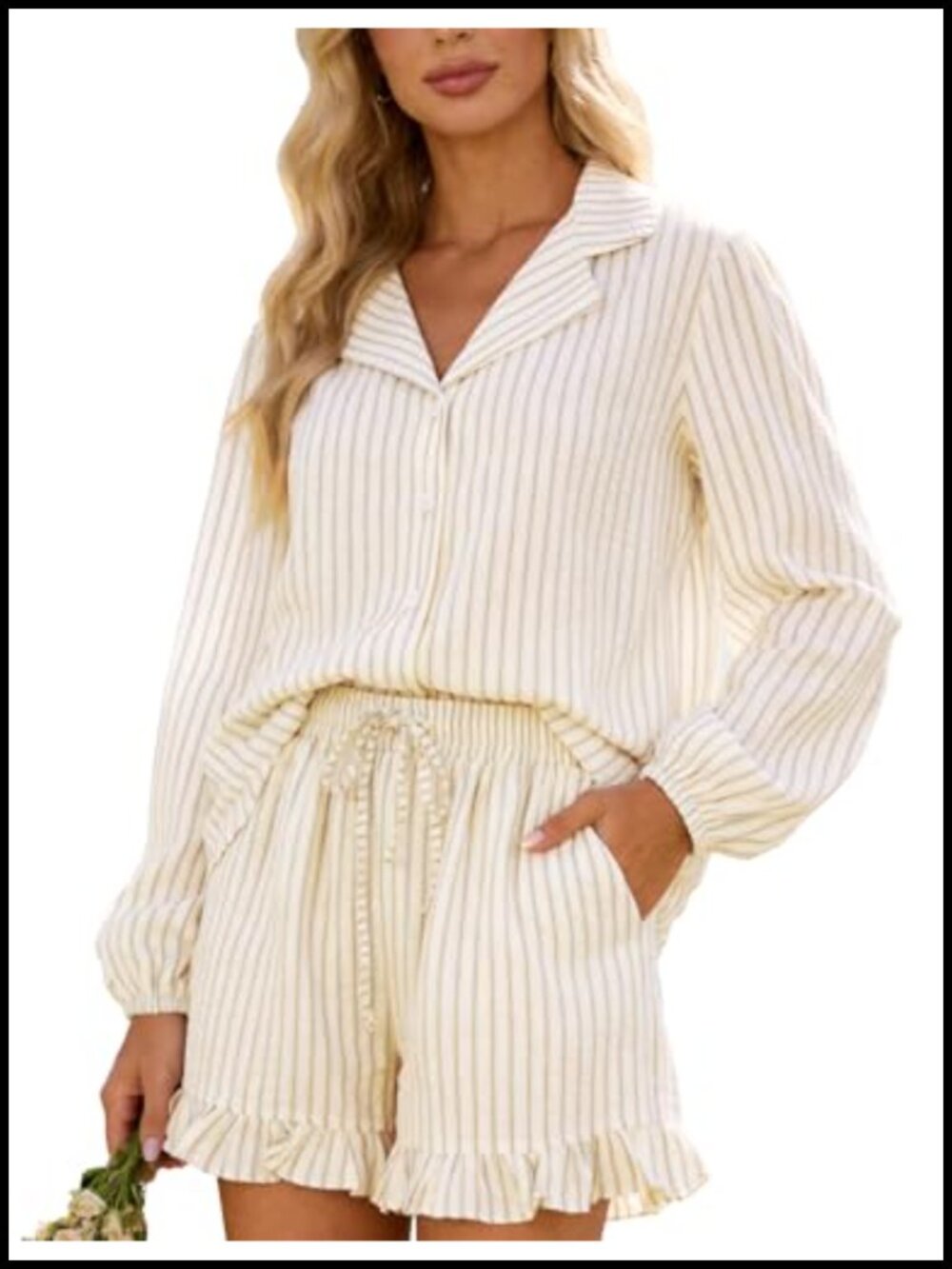 Womens Striped Pajama Set 2 Piece Ruffle Short Lounge Set Cotton
